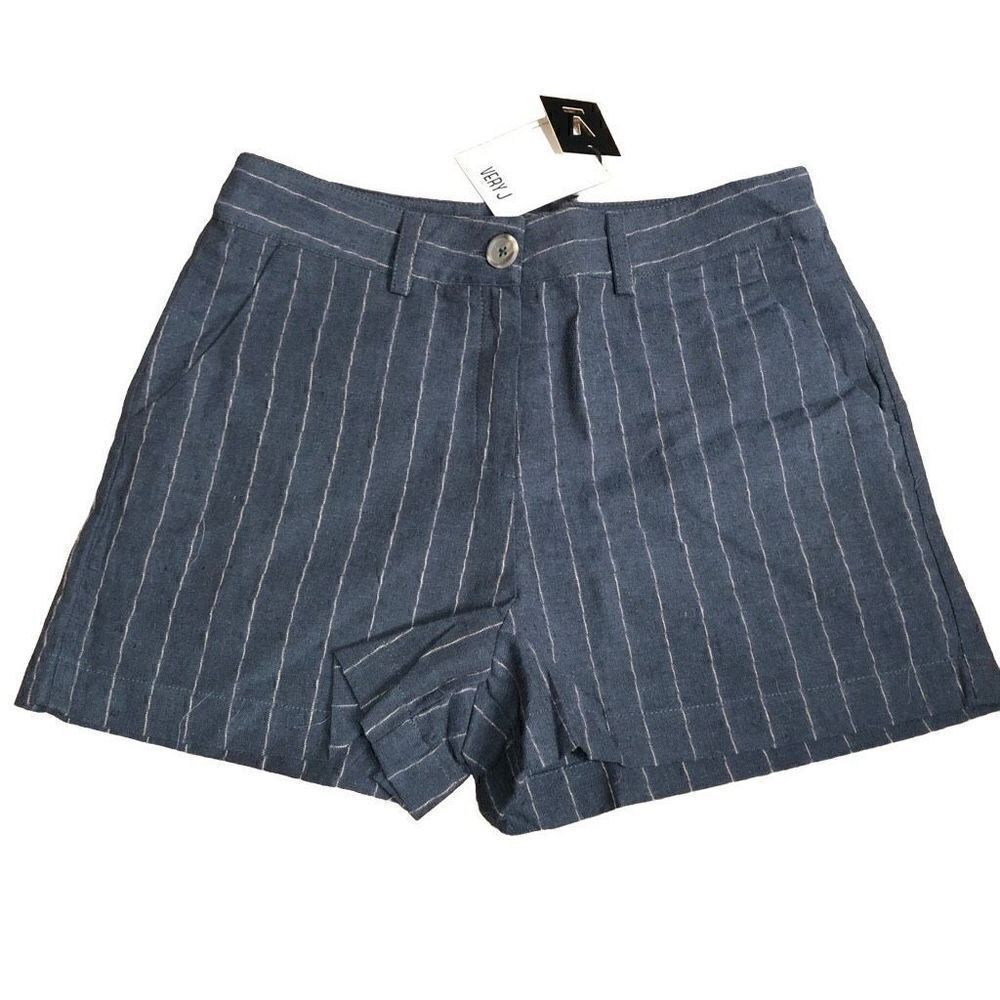 Very J Shorts Womens S Shorts Navy Linen Blend Pinstripe NWT